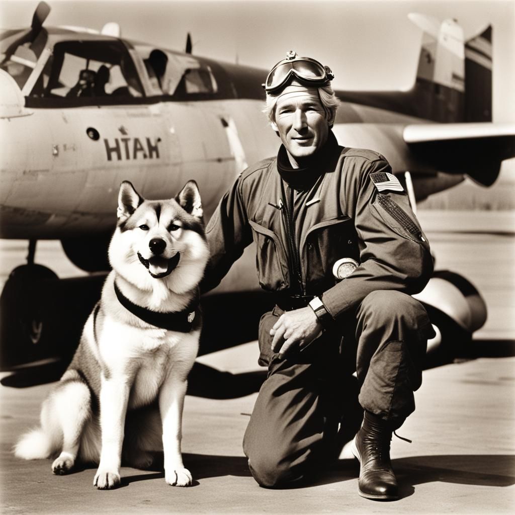 Man with Akita Dog in Pilot Uniform