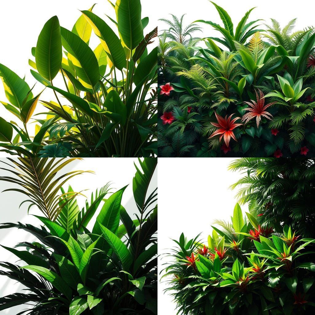 Lush green tropical plants bush, cut out with white background