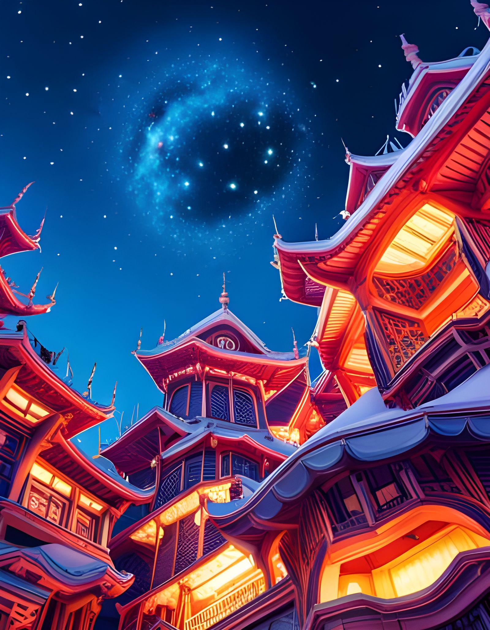 Starlit Pagodas: Breathtaking Digital Artwork