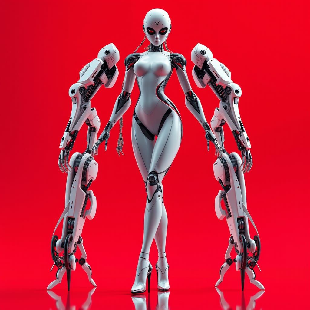 Sleek Robot Girl in High Heels Stands Confidently on Gradien...