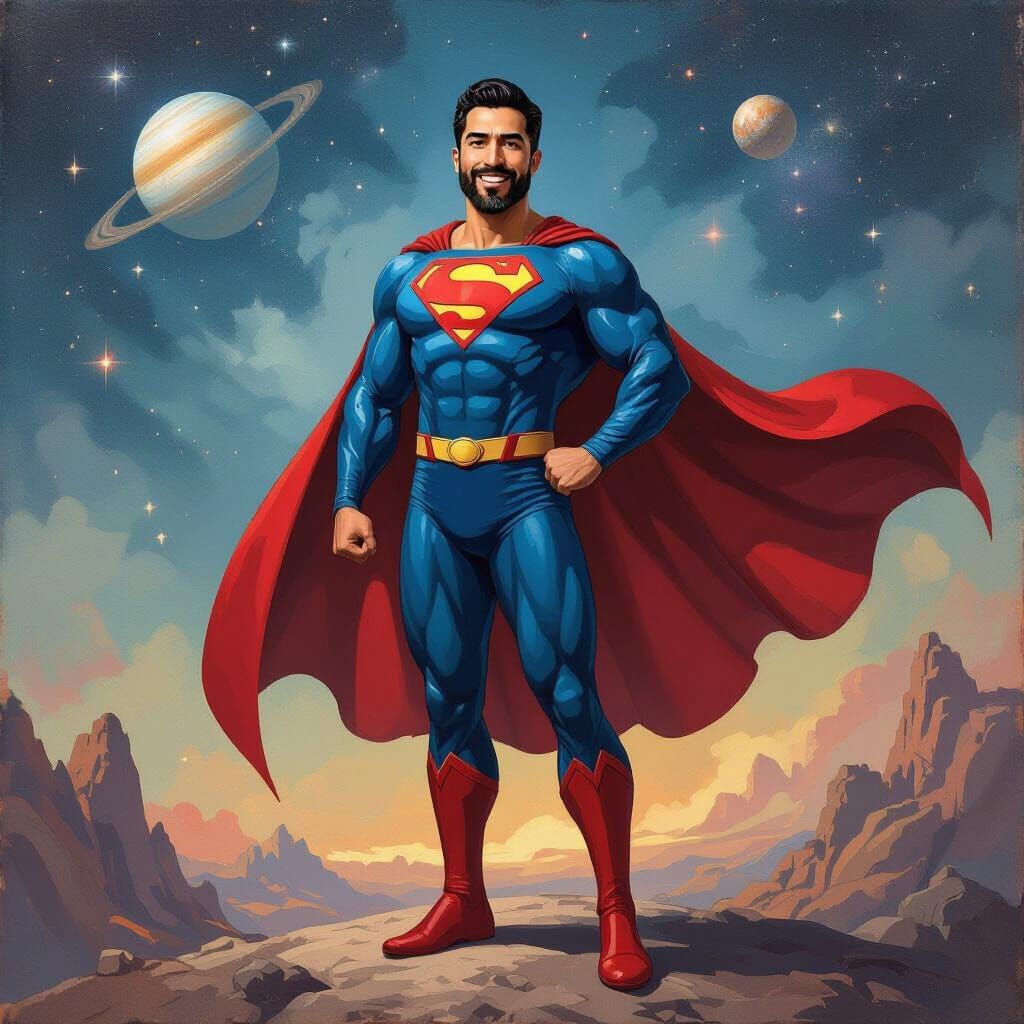 Joyful Superman in Outer Space as Neo-Impressionist Painting