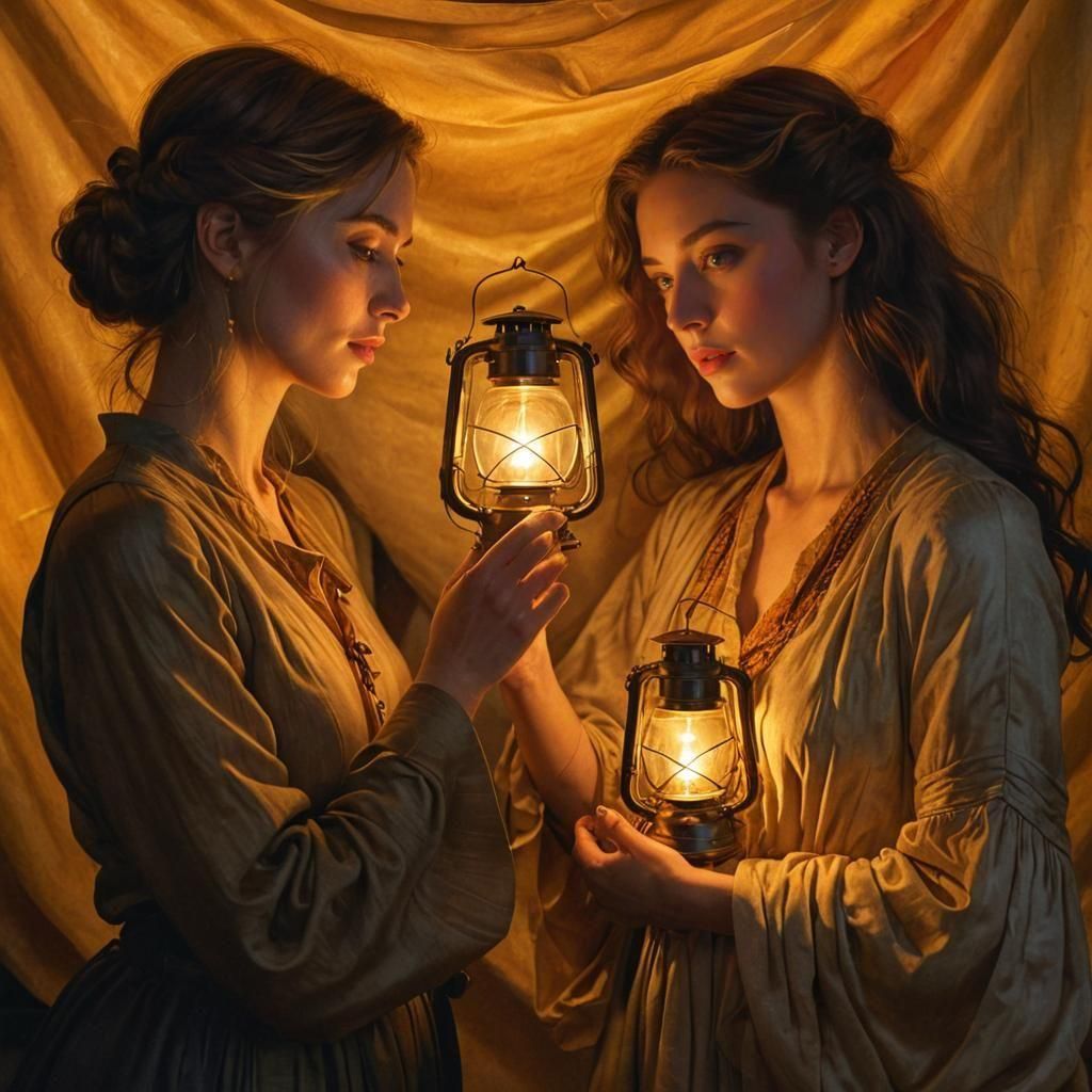 Two Women Illuminated by Lantern Light