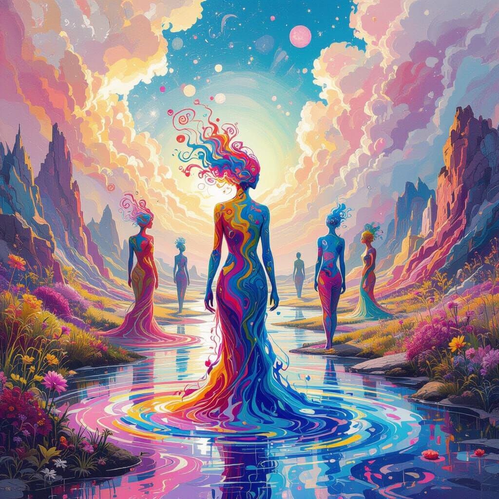 Fluid Paint Beings in a Surreal Painter's Palette World