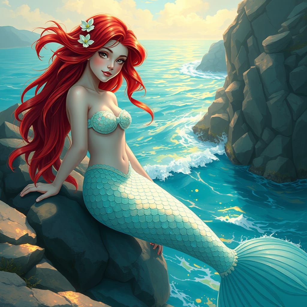 Mermaid on Rocky Coast in Fantasy Art Style