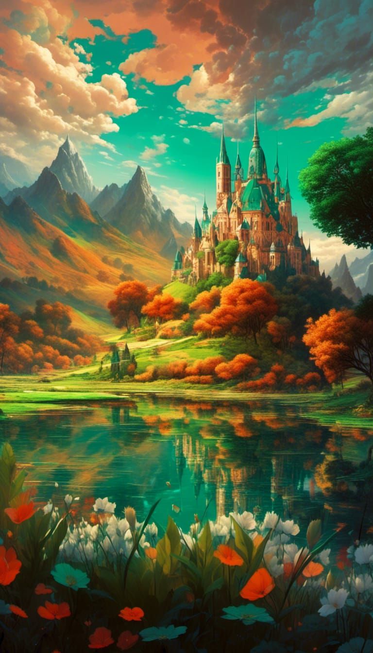 Fantasy Castle Amidst Green Fields