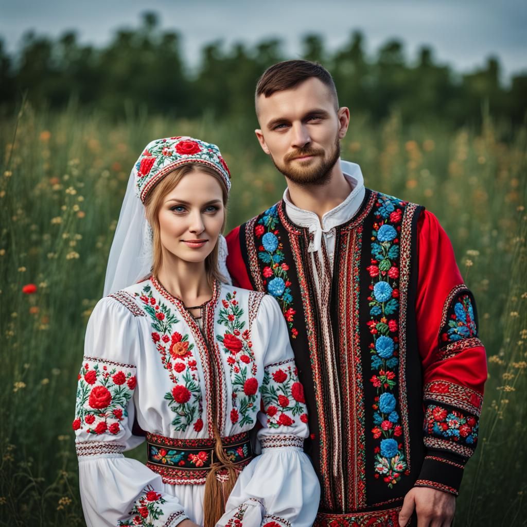 Ukrainian Couple in Traditional Embroidered Clothing