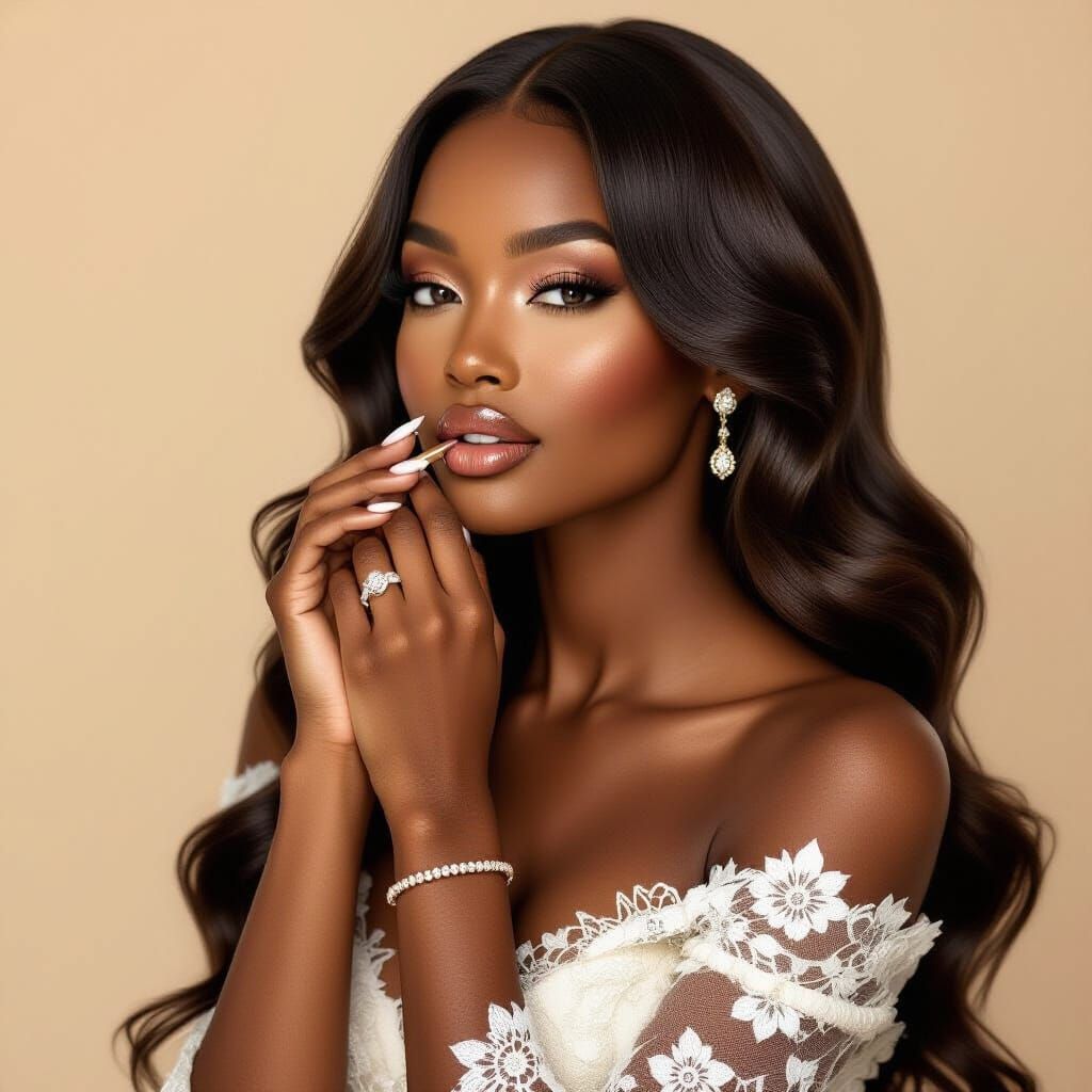 Glamorous Woman Applying Lip Gloss in Elegant Portrait