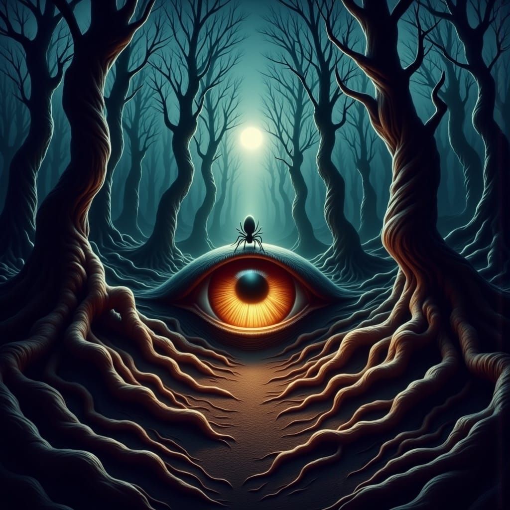 Surreal Eye in Misty Spider Forest