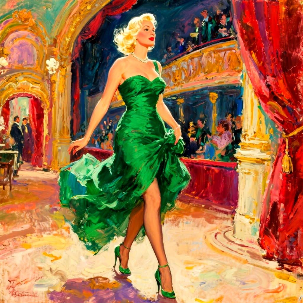 Beautiful Woman in Green Gown, Impressionistic Oil Painting