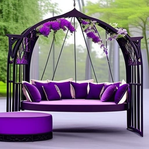 Ethereal purple and Lavender Gothic Round Swing Bed with Pergola Roof and flower Planters& gothic vibes& ethereal vibes&...