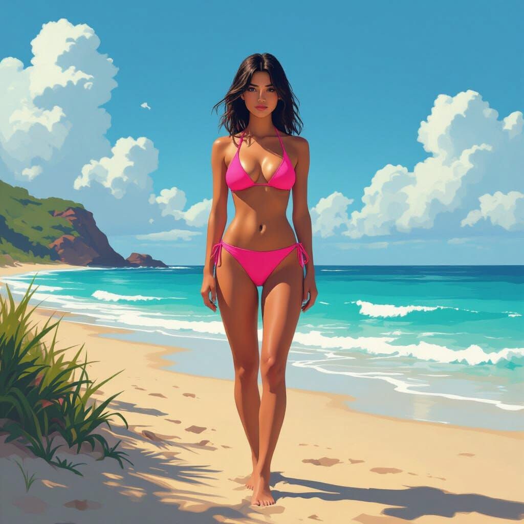 Figure in Pink Bikini on Beach, in Digital Art Style