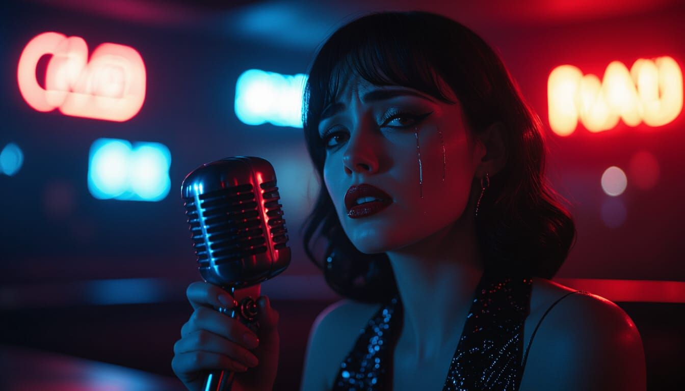 Melancholic Jazz Singer in Futuristic Bar
