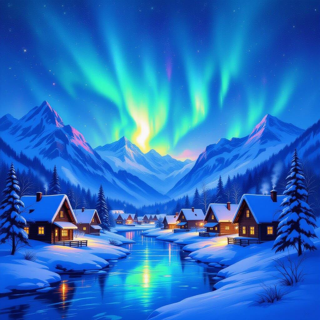 Aurora Over Serene Mountain Village in Painterly Style
