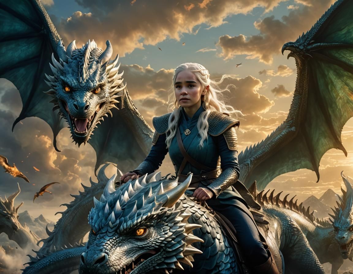Daenerys Targaryen Riding Dragon in Golden Light