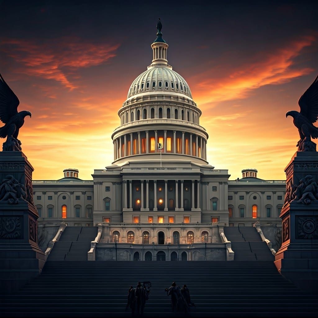 Monumental US Capitol Statue at Fiery Sunset