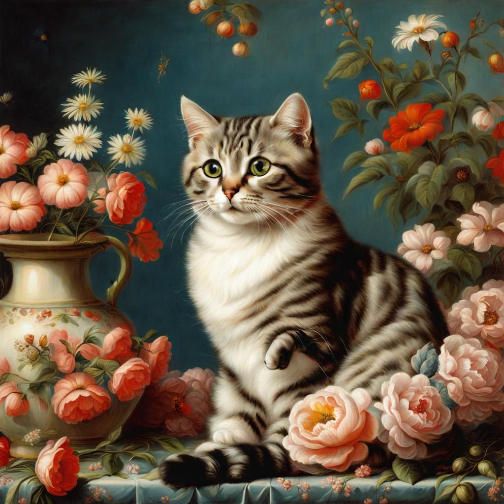 Venetian Watercolor of a Kitten in a Floral Paradise