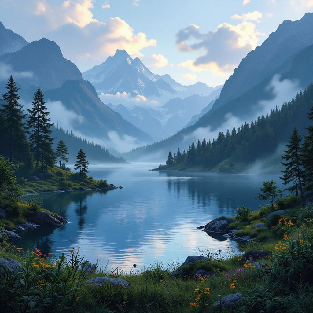 Tranquil Mountain Lake: A Matte Painting Landscape