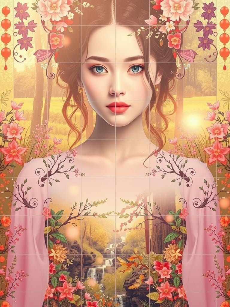 Asian Woman in Serene Forest Scene, Ceramic Tiles, Photoreal...