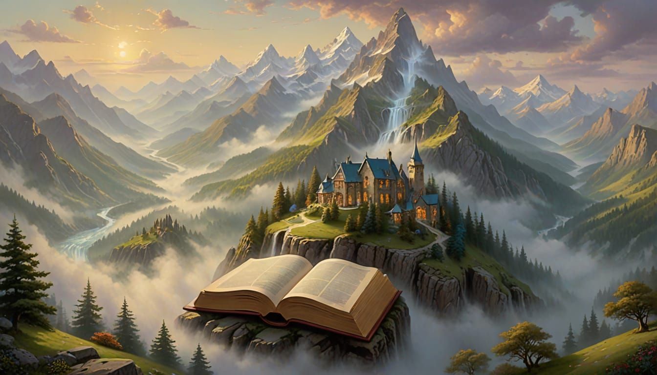 Surreal Book Mountains in Ethereal Fog