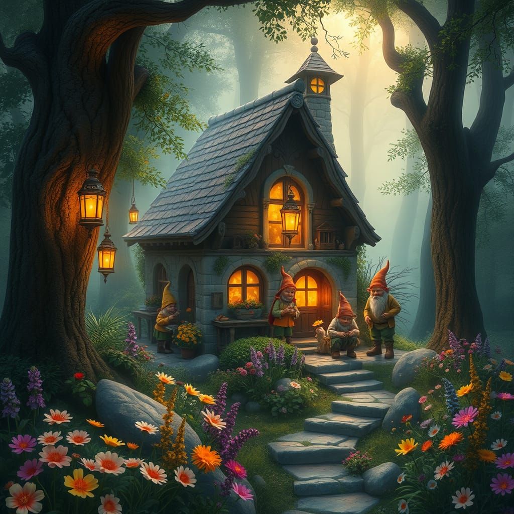 Whimsical Gnomes in Enchanted Forest Cottage
