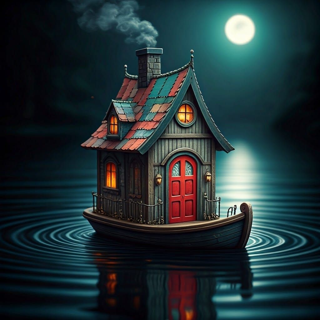 Miniature Houseboat on Moonlit Lake as Dreamy Illustration