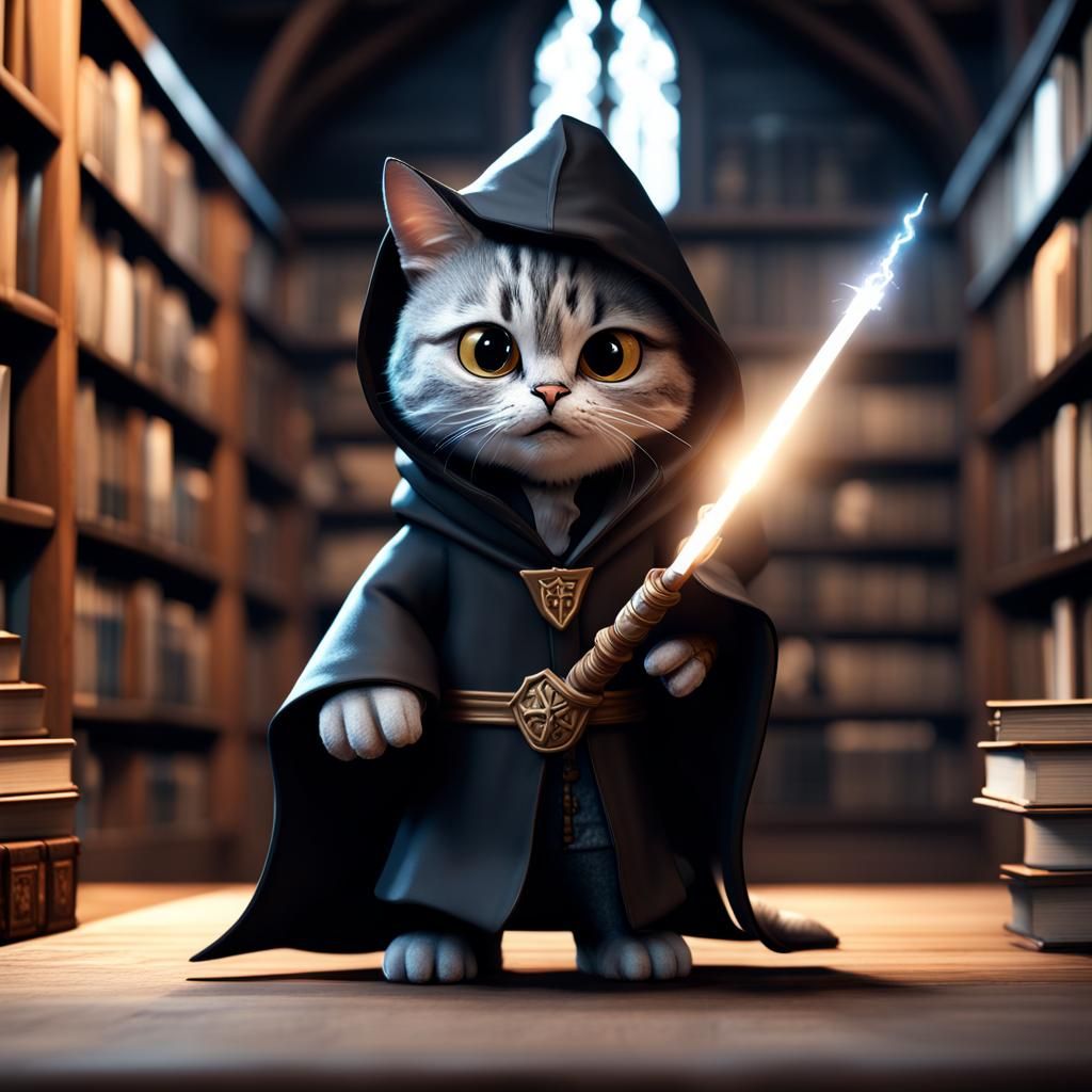 Ninja Wizard Cat in Library: 3D Game Cinematic