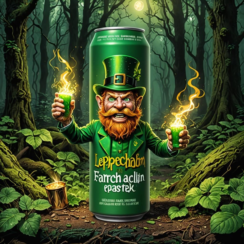 Angry Leprechaun Energy Drink in Dark Forest