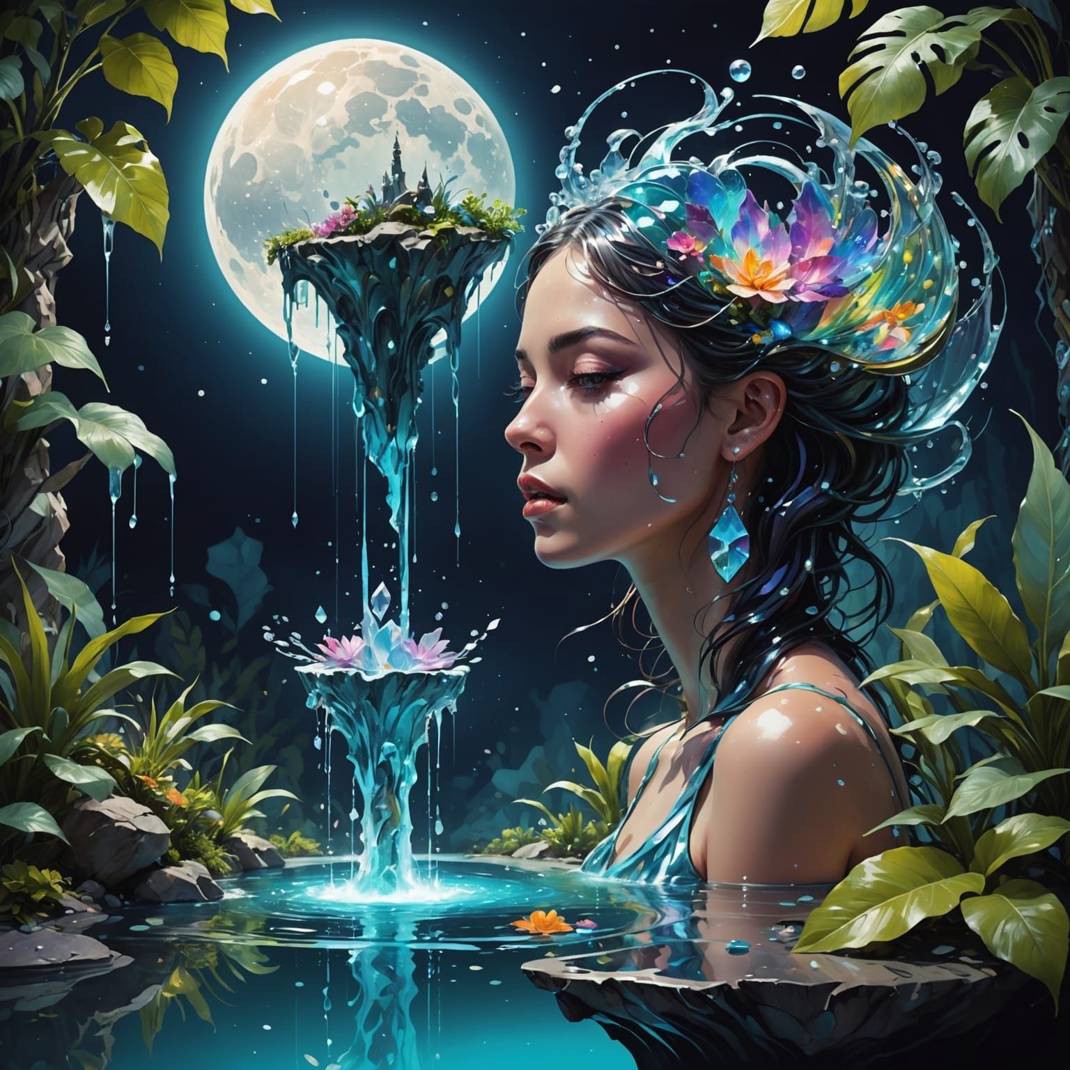 Surreal Fountain of Moonlight and Iridescent Paint