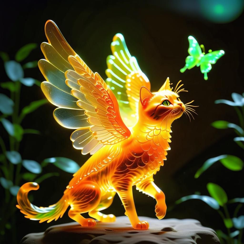 Majestic Cat with Angel Wings in Radiant Orange Bioluminesce...