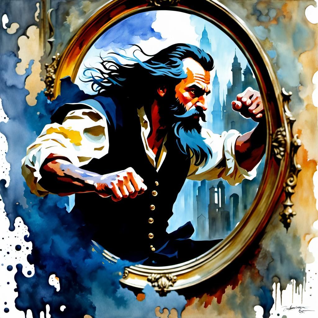 Furious Man Shatters Mirror: Impasto Watercolor Painting