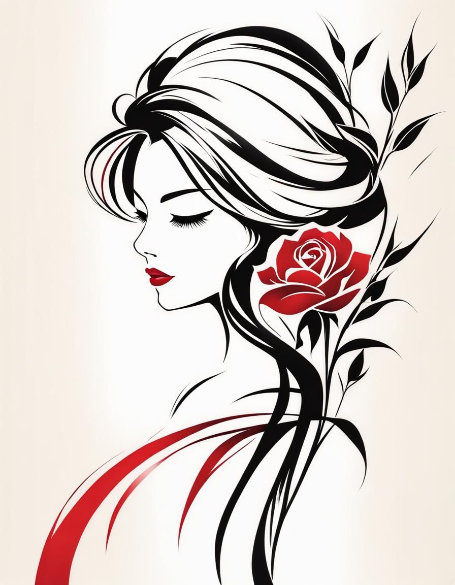 Elegant Woman Silhouette in Japanese Brushstroke Art