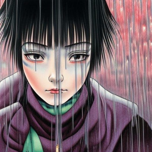 Girl in Rain: Junji Ito Inspired Anime Art