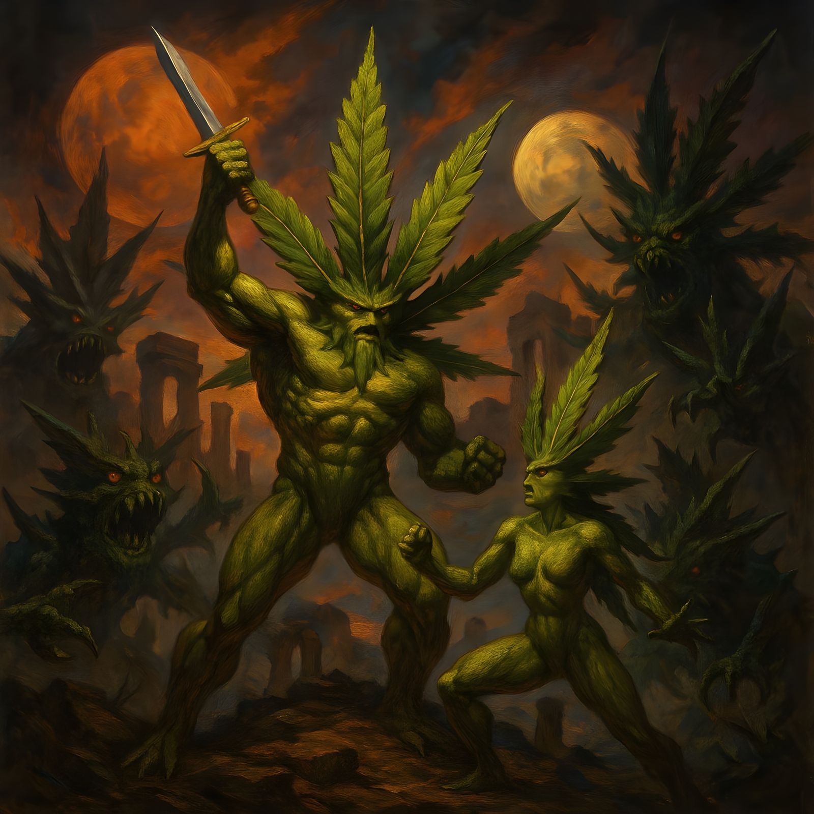 Muscular Cannabis Leaf Warriors in a Gritty Post-Apocalyptic...