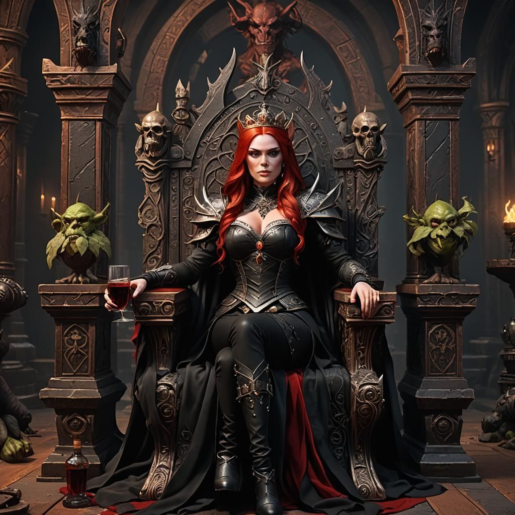 Red-Haired Princess on Throne with Kneeling Orcs