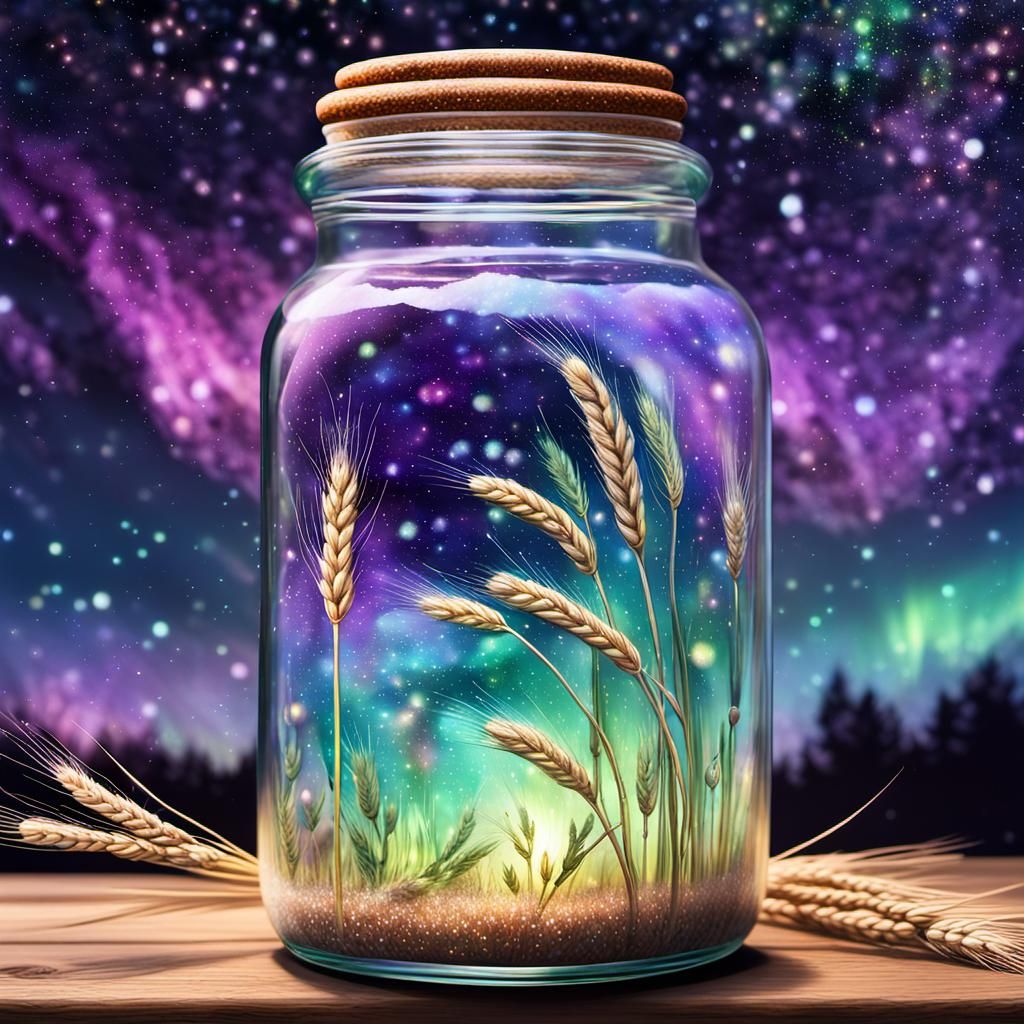 Wheat Field in Jar: Cosmic Dreamscape Illustration