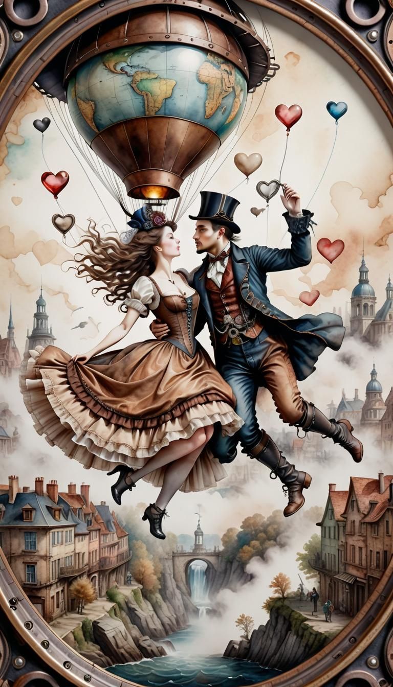 People Falling in Love: Steampunk Watercolor Illustration