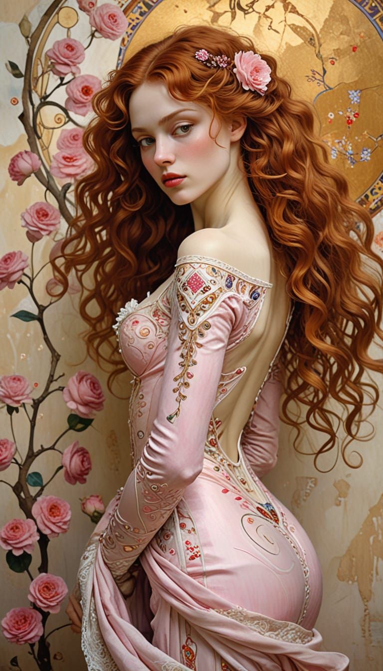 Elegant Woman in Pink Dress, Art Nouveau Style