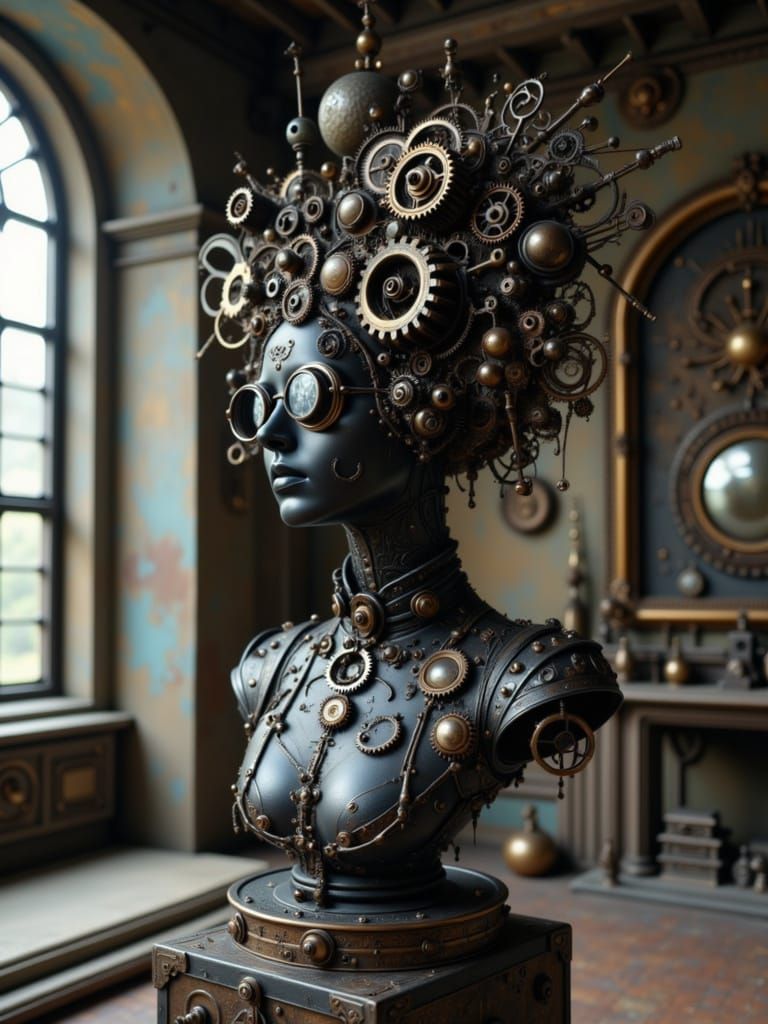 Surreal Steampunk Sculpture with Gears and Golf Balls