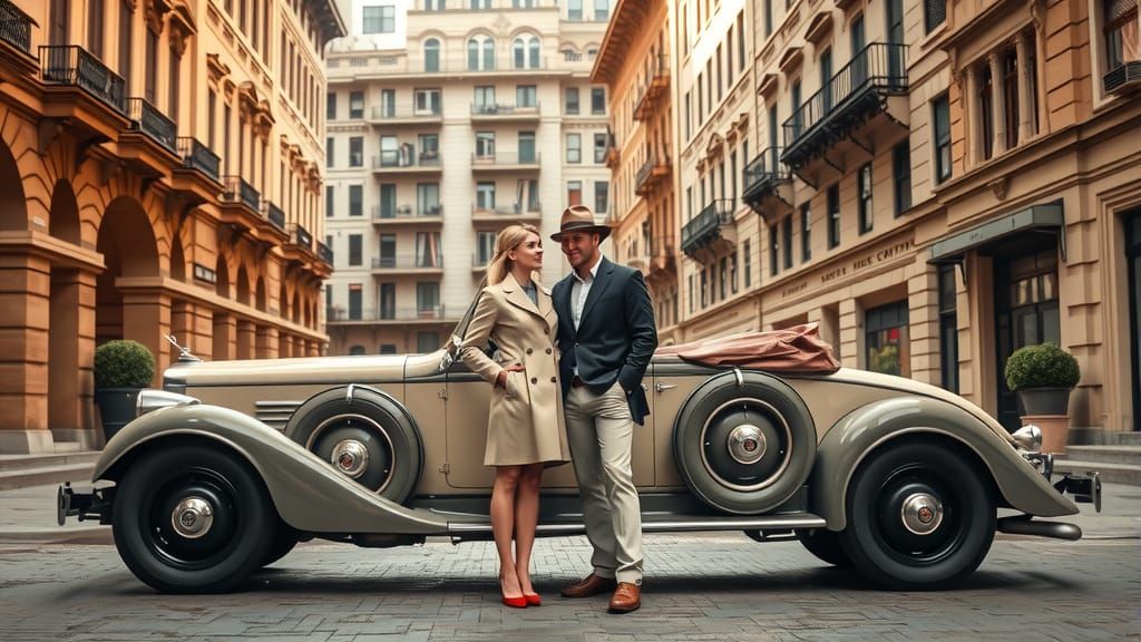 Art Deco Couple with Classic Cadillac