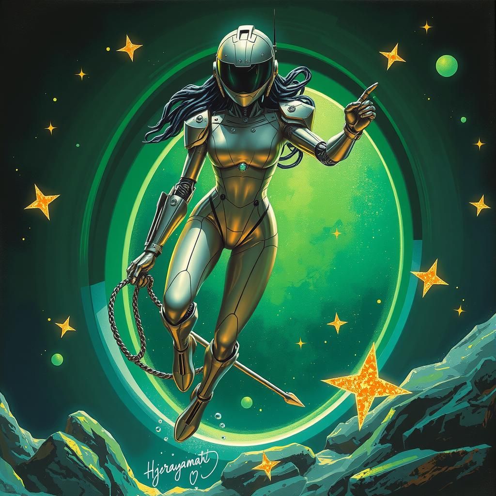 Cyberpunk Robotic Woman Jumps Through Space Portal