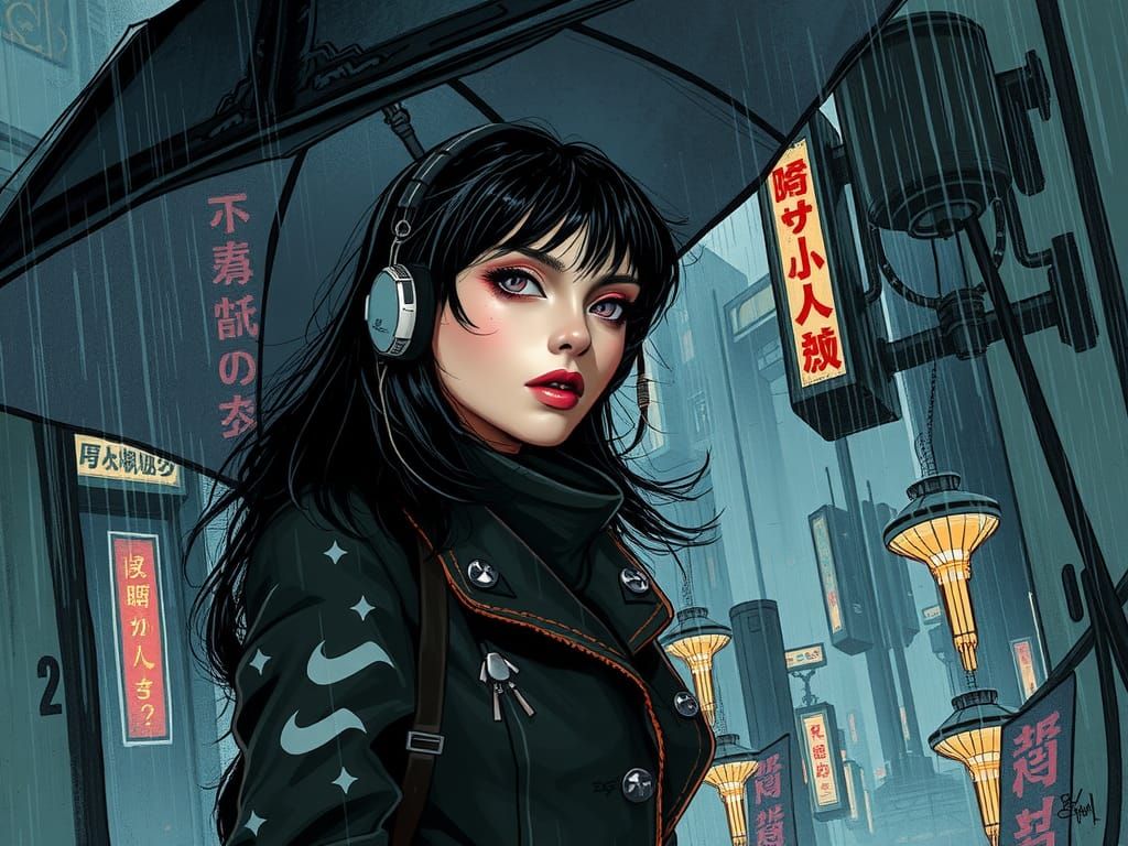 Cybergeisha in Floridian Rain: Cyberpunk Noir Illustration