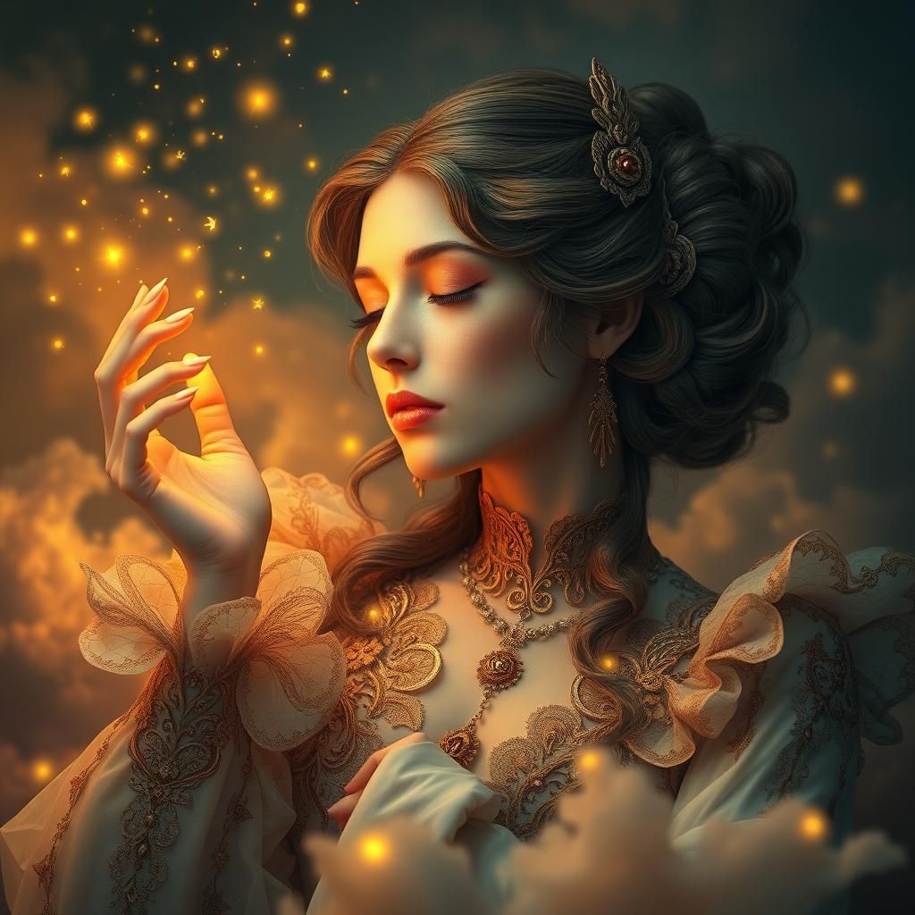 Ethereal Virgo Woman with Fireflies, Digital Art