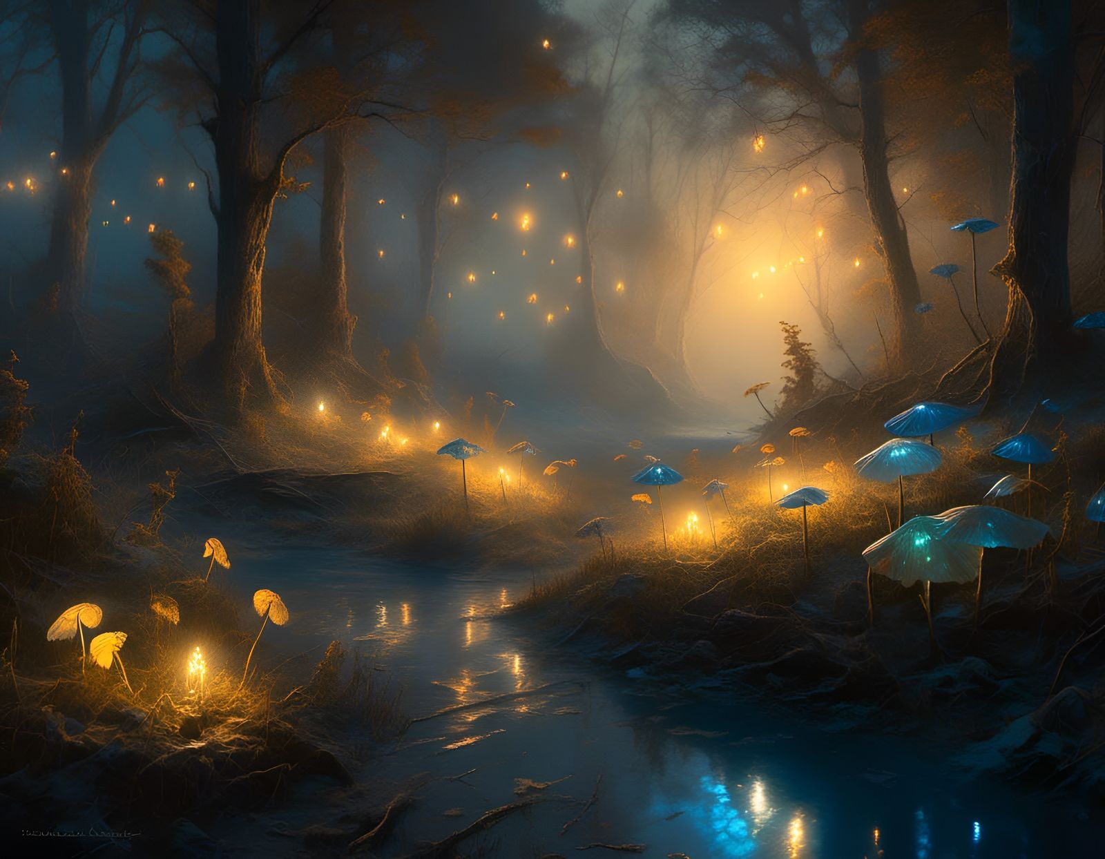 Enchanted Forest with Iridescent Fairy Lights at Twilight