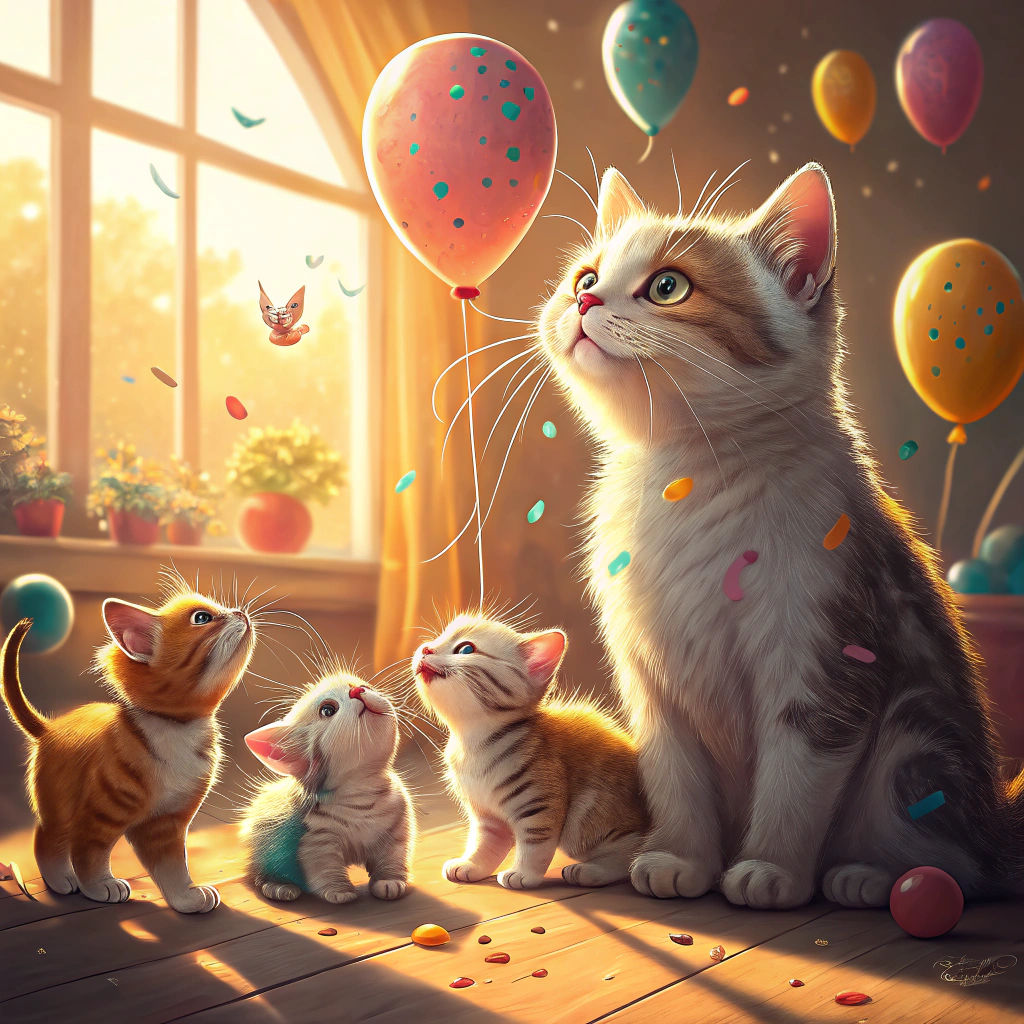 Father Cat Celebrates with Kittens: Surrealist Impression