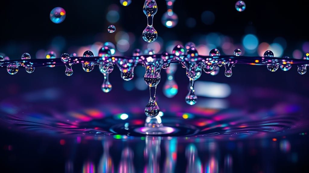 Iridescent Water Droplets in Serene Pool, Abstract Macro Pho...