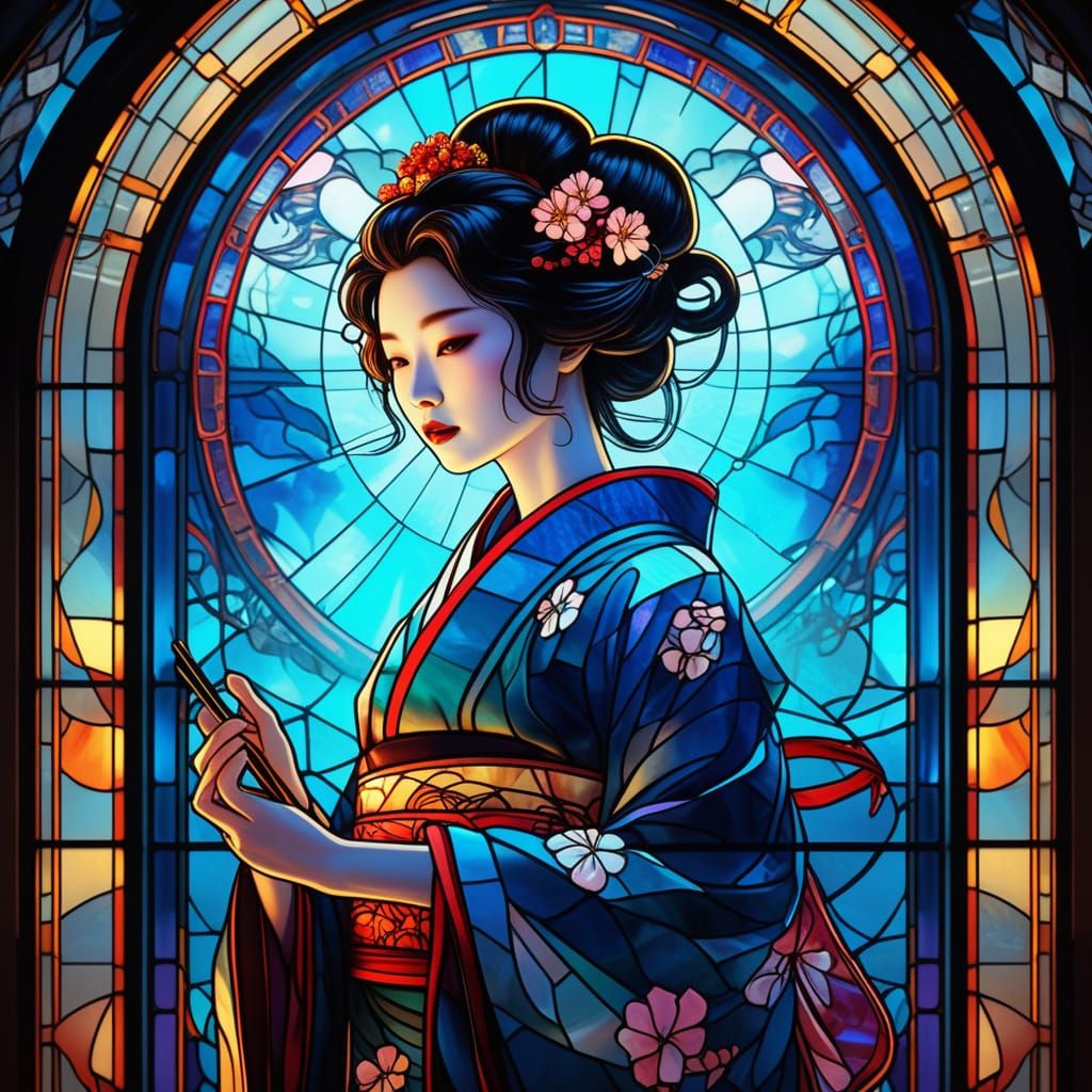 Stained Glass Geisha in Art Nouveau Fantasy Style