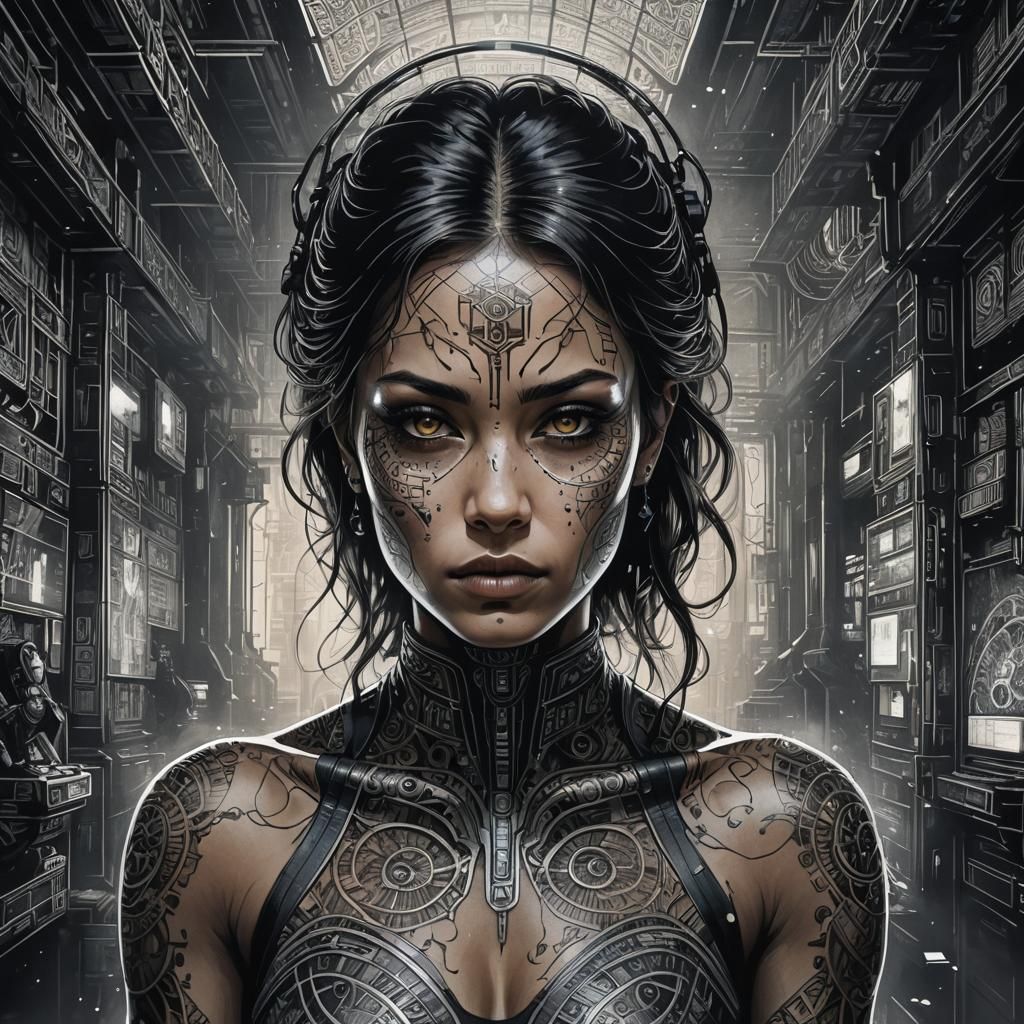 Strikingly Inked Woman in Dimly Lit Building