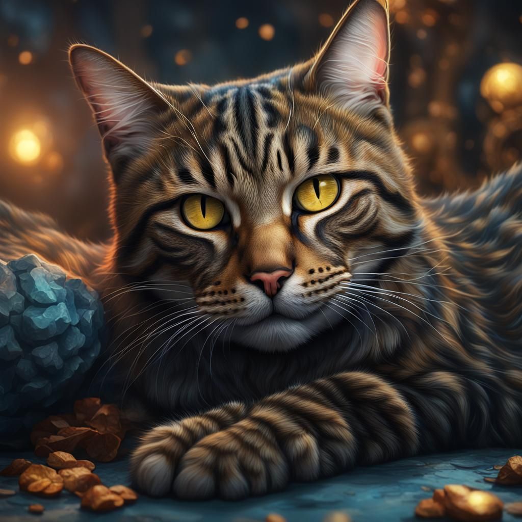 Tabby Cat Purring: Detailed Fantasy Art