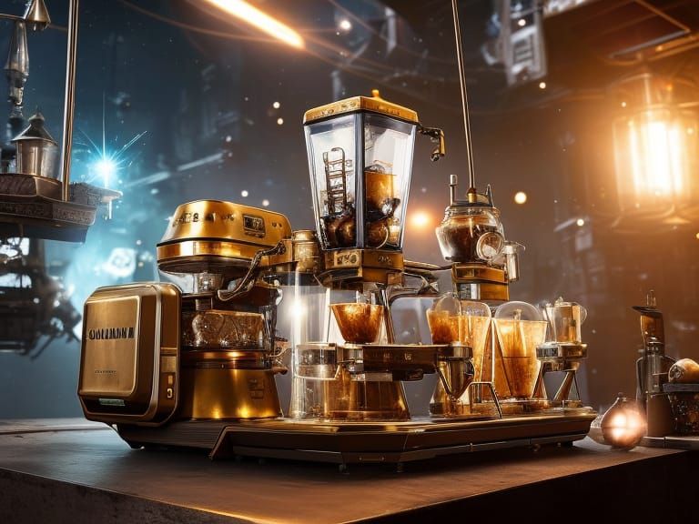 Galaxy Steampunk Coffee Machine, Detailed Digital Art