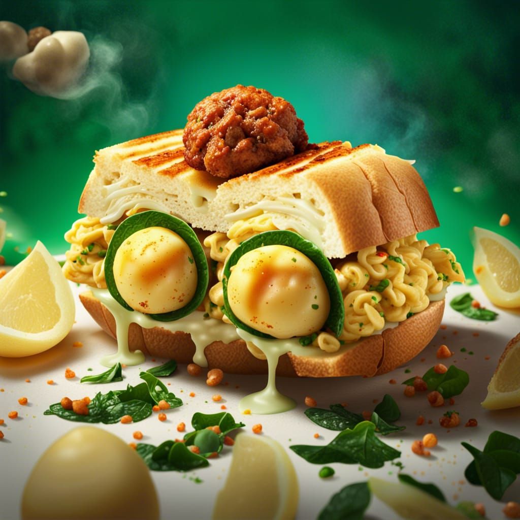 Hyperrealistic Sandwich of Deviled Eggs and Meatballs